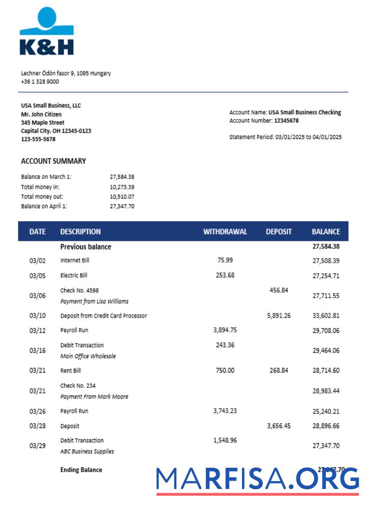 Printable Hungary K&H firm account statement Word and PDF format download for verification